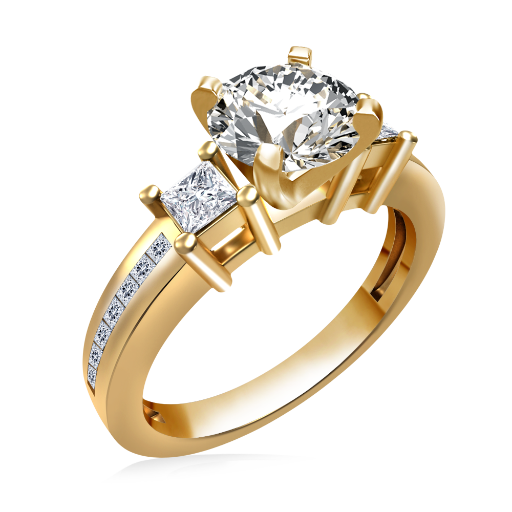 PRONG SET PRINCESS ENGAGEMENT RING WITH ACCENTS IN 14K YELLOW GOLD