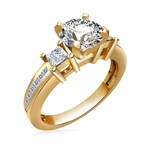 PRONG SET PRINCESS ENGAGEMENT RING WITH ACCENTS IN 14K YELLOW GOLD